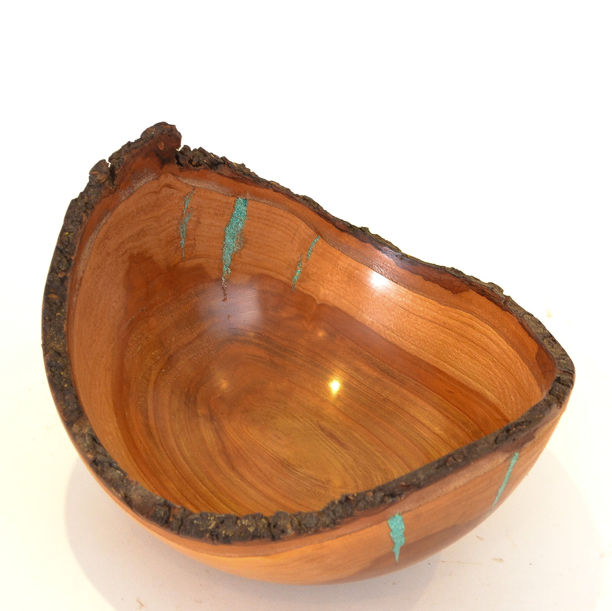 Natural Edge Wood Turned and Carved Bowl: Hint of Teal