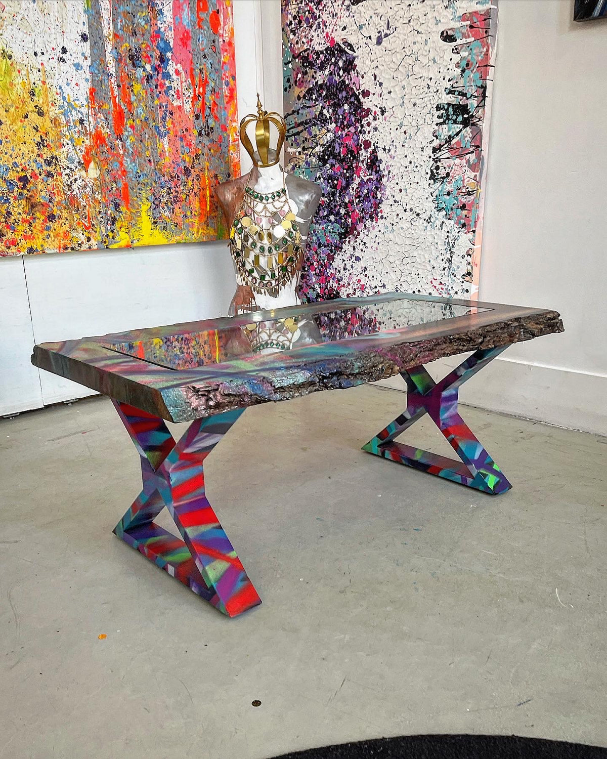 arTable: Walnut Coffee Table and Steel Legs with Original Art