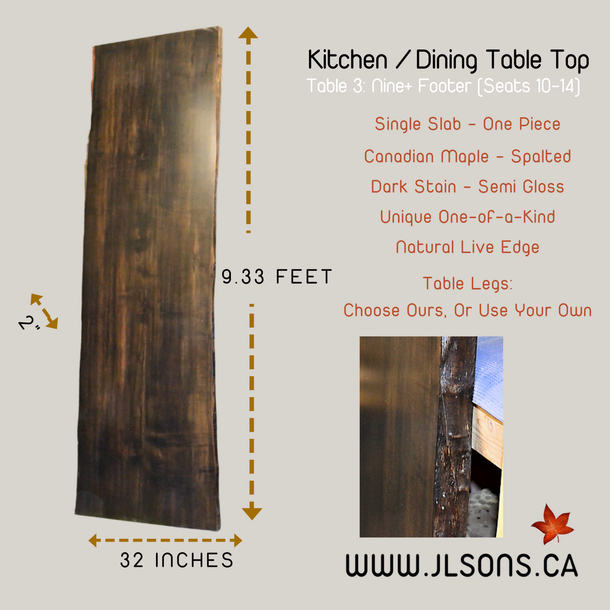 Maple Kitchen / Dining Table Top: 32&quot; x 112&quot; x 2&quot; Spalted, Canadian Solid One Piece Slab
