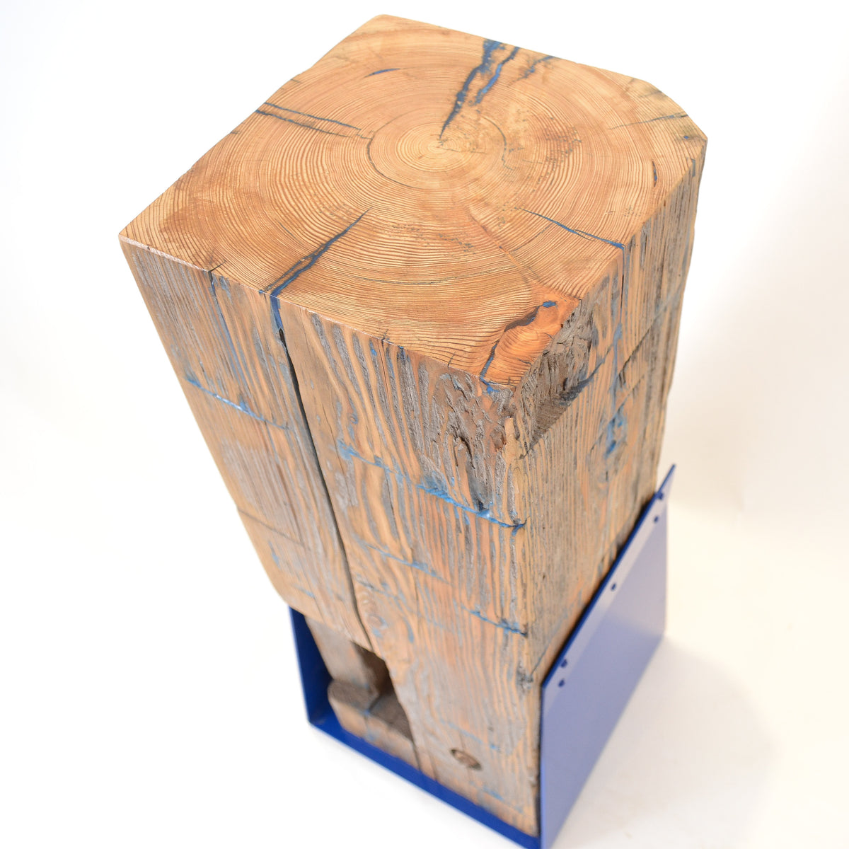 Barn Beam Upright Side Table: Hint of Blue
